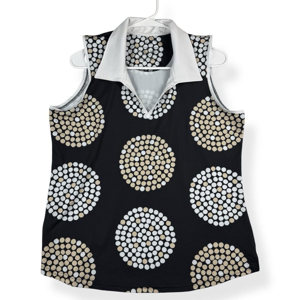 Ana Clare Active Top Womens L Large Sleeveless Black Beige White Collared V-Neck